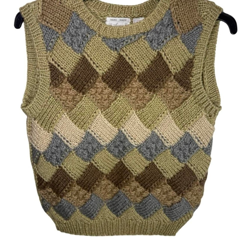 Vintage 90s Handmade Argyle Sweater Vest Green Brown Gray Grandpa Core 🤎